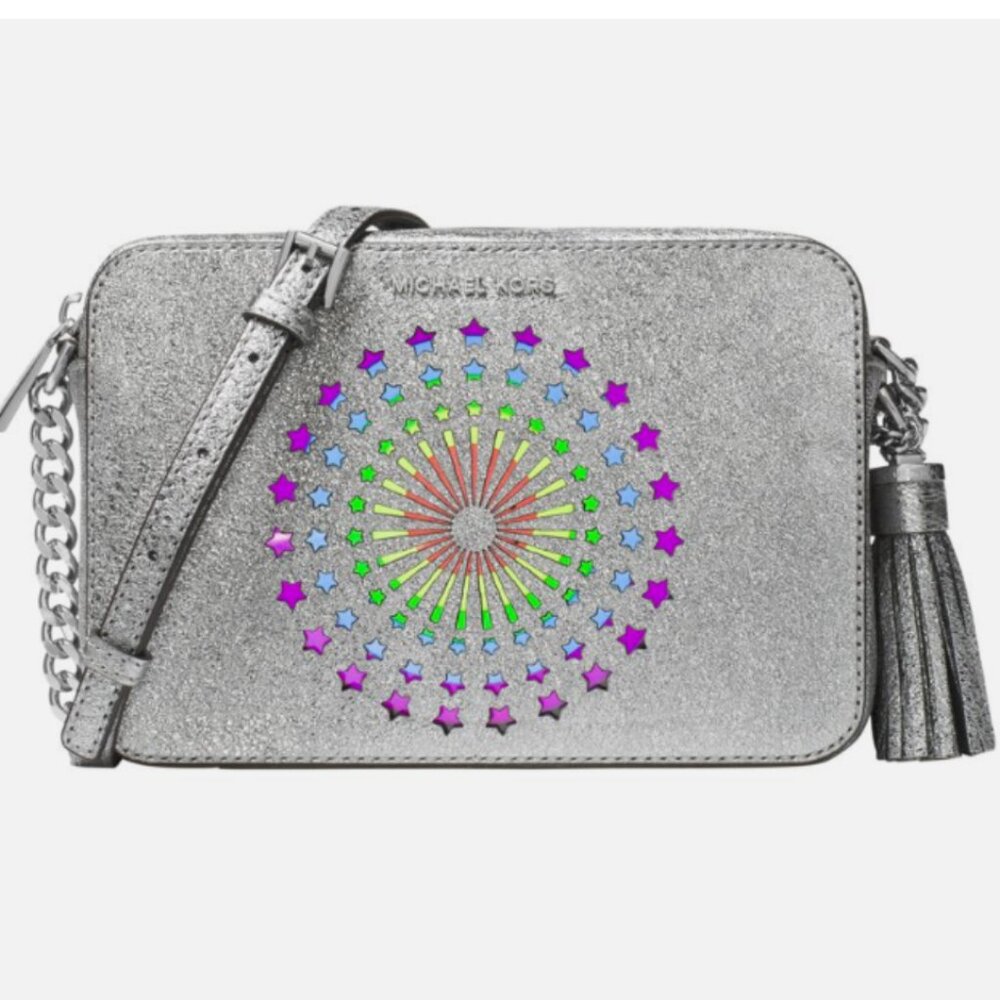MICHAEL KORS Ginny Silver Metallic Leather Light-up Cross-body Bag VERY RARE